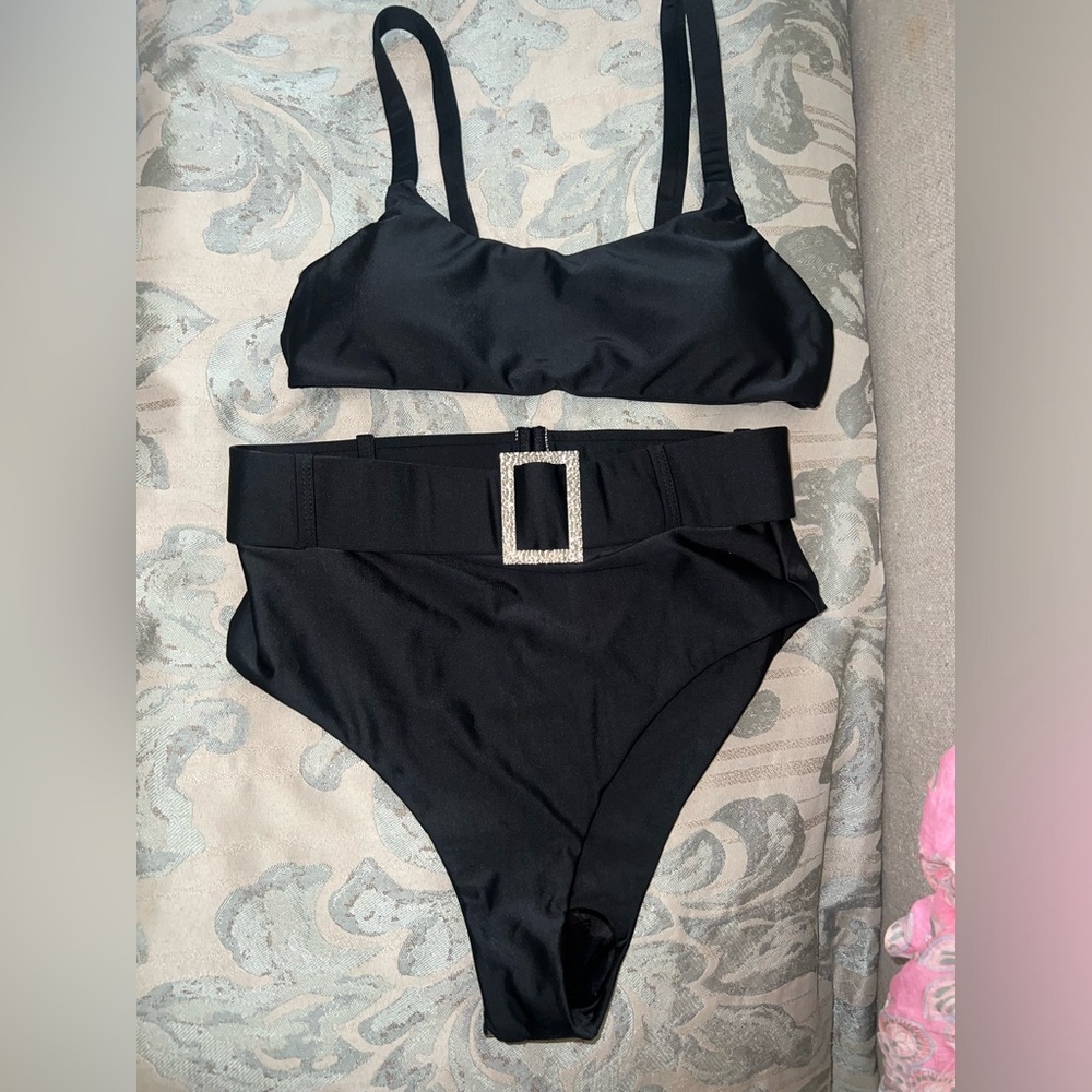 Black High Waisted Two Piece Set | Black High Waisted Bikini with Belted Bottom - Picture 3 of 9